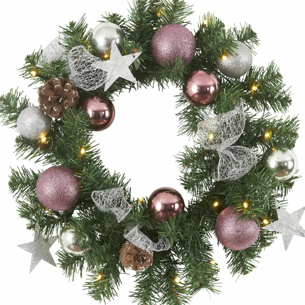 couronne_de_sapin_led_nol_avec_dco_argenterose_0.webp STAR TRADING Couronne de sapin LED Noël avec déco argentée/rose^ Lumière De Noël