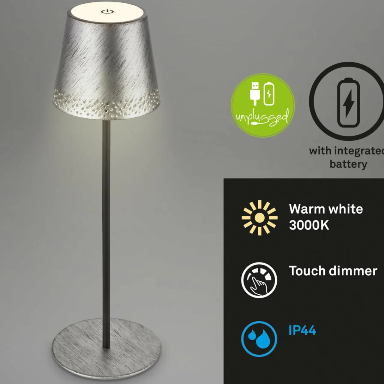 Briloner Lampe de table LED Kiki avec poser rechargeable 3.000K argent antique^ Lampes Décoratives