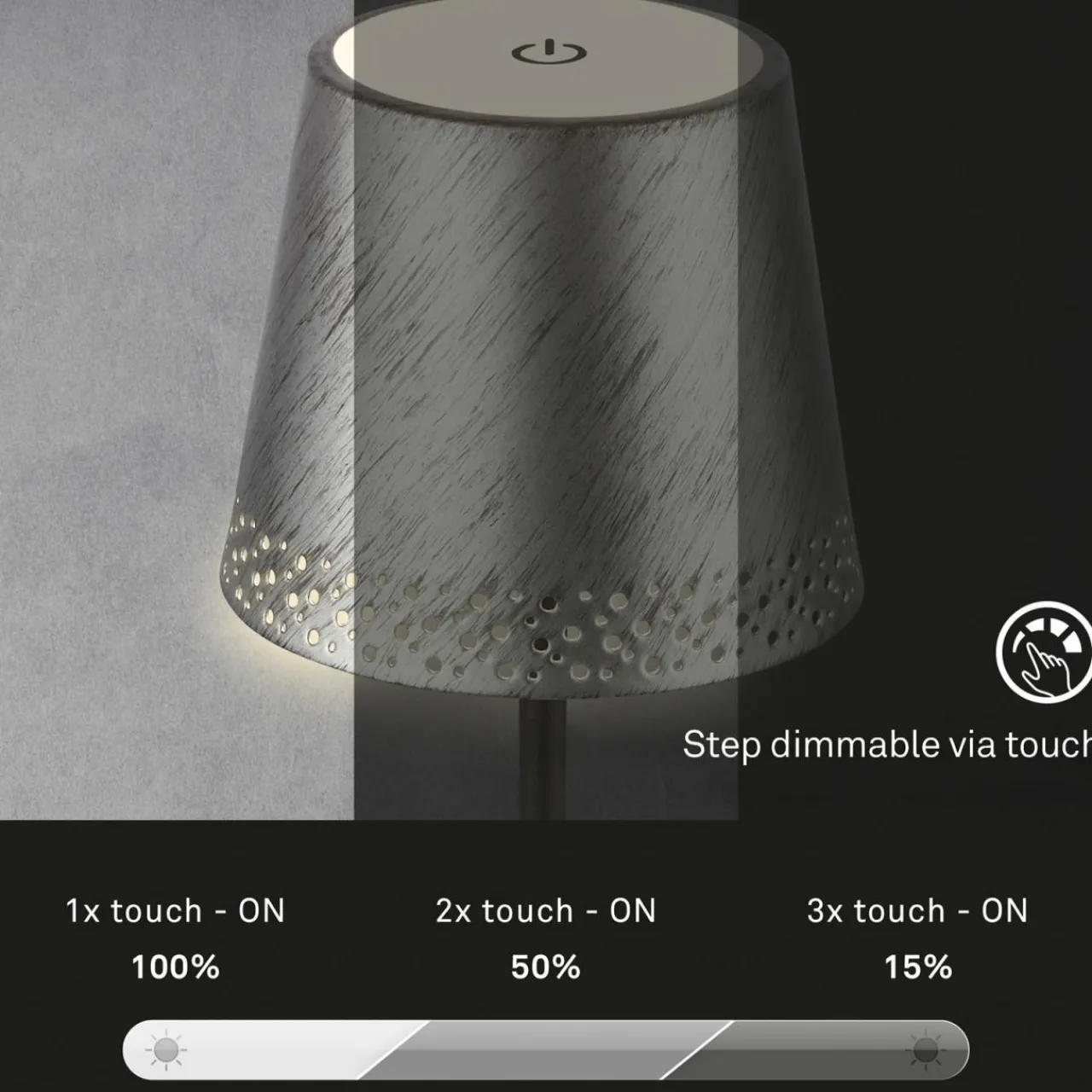Briloner Lampe de table LED Kiki avec poser rechargeable 3.000K argent antique^ Lampes Décoratives