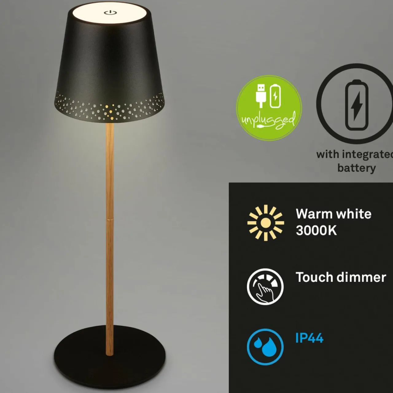 Briloner Lampe de table LED Kiki avec poser rechargeable 3.000K noir/or^ Lampes Décoratives