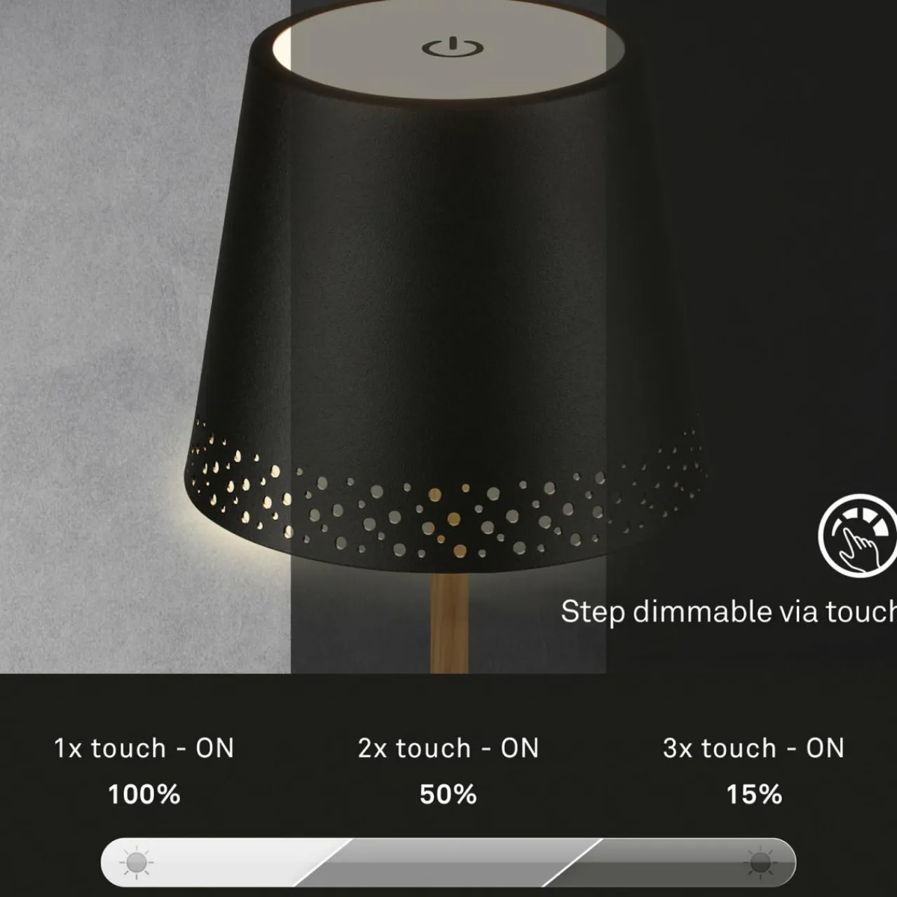 Briloner Lampe de table LED Kiki avec poser rechargeable 3.000K noir/or^ Lampes Décoratives
