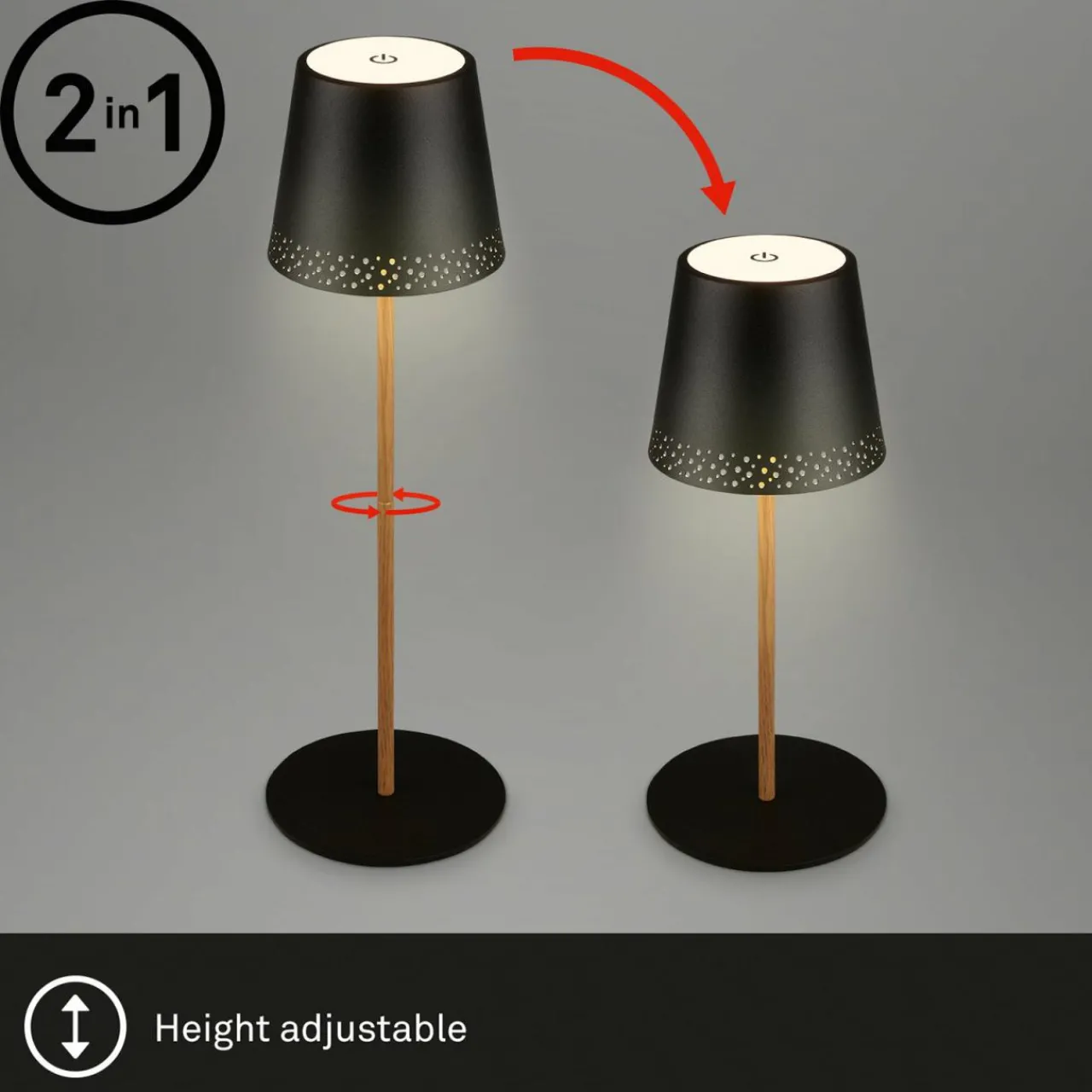Briloner Lampe de table LED Kiki avec poser rechargeable 3.000K noir/or^ Lampes Décoratives