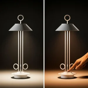 Sigor Lampe de table LED rechargeable Nudiderot, chrome, aluminium, IP54, intensité^ Lampes Décoratives