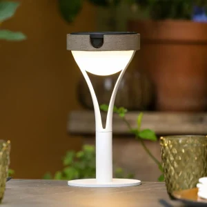 Les Jardins Lampe solaire de table LED Tyble, blanc / teck, 2.700 K, 200 lm^ Lampes Décoratives