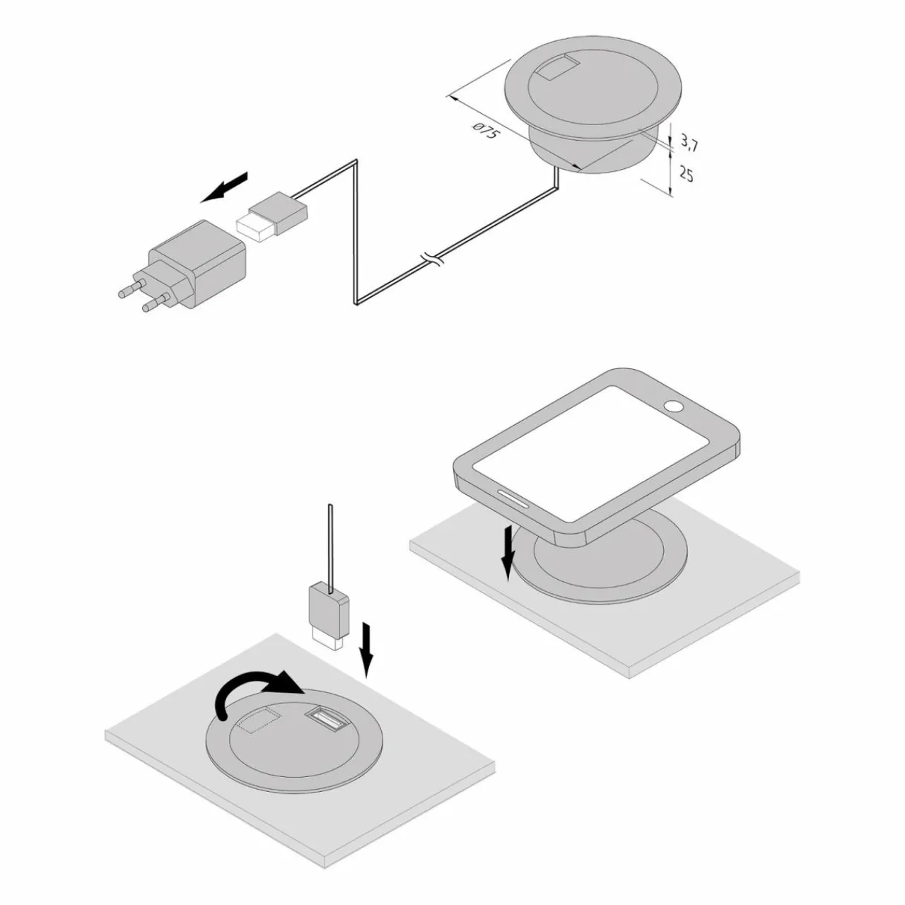 prise_chargeur_ronde_noire_qi_et__usb_0.webp Hera Prise chargeur, ronde, noire, Qi et 1 USB^ Matériel Électrique
