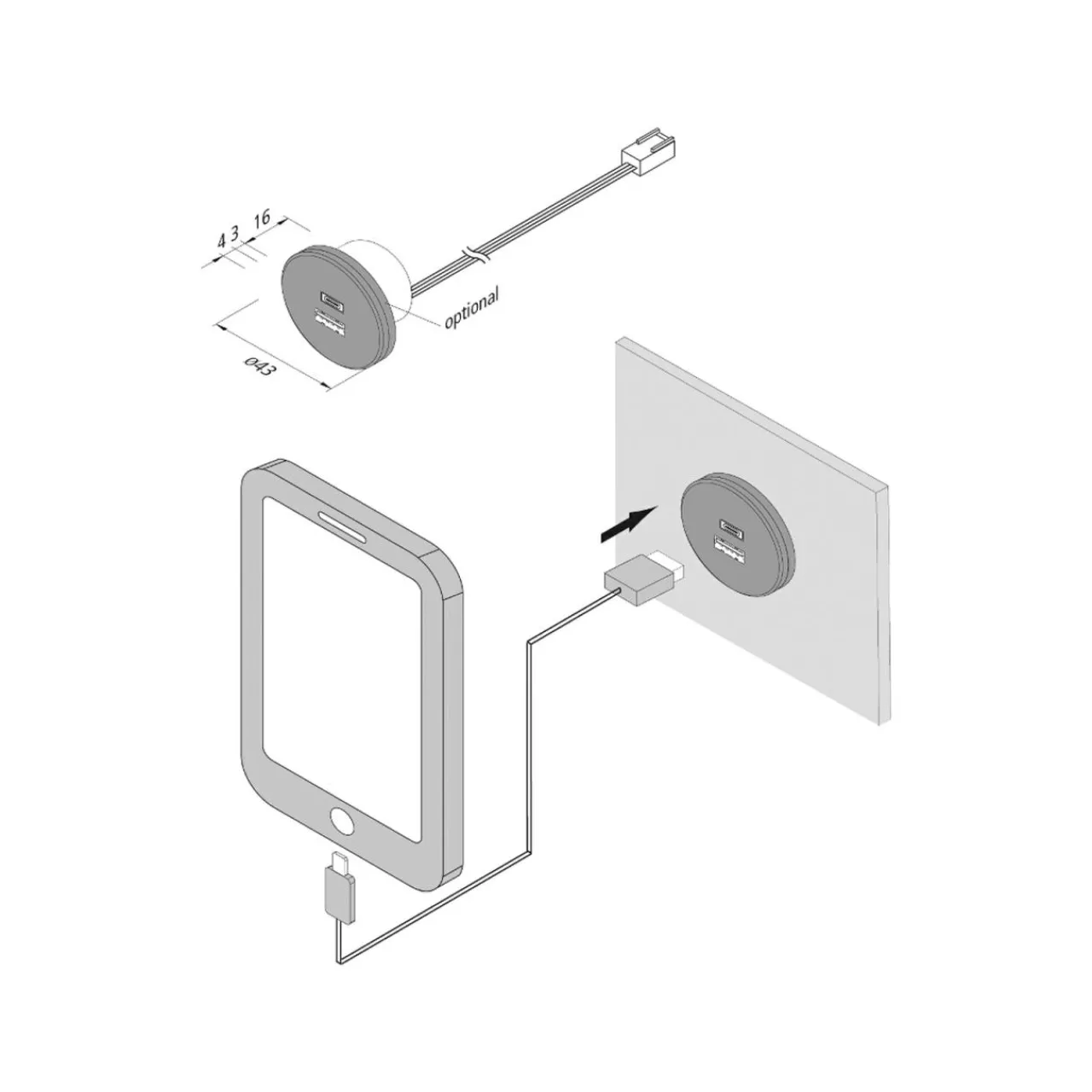 Hera Prise USB-A + USB-C, acier, encastrement dans le meuble, entrée 24V 20W^ Matériel Électrique